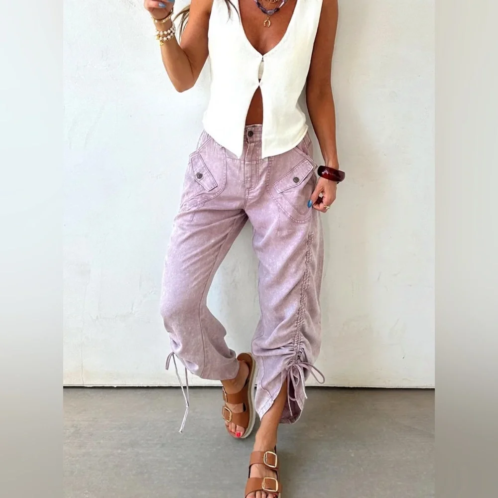 NWT Bluevelvet Cargo Pocket Tencel Side Ruched Mauve Cropped Pants - Picture 7 of 13